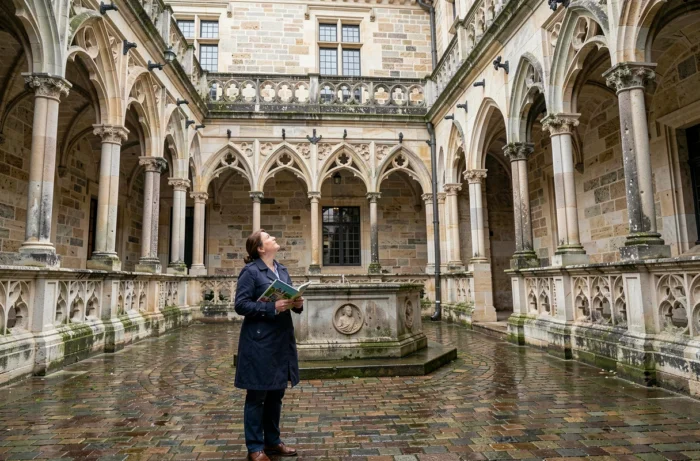 Visiteuse admirant la cour intérieure du château de Chaumont-sur-Loire, détails architecturaux Renaissance et pavés en pierre au petit matin
