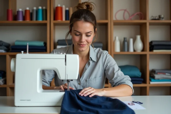 Femme cousant un maillot de bain menstruel en tissu imperméable marine sur une machine à coudre dans un atelier de couture maison
