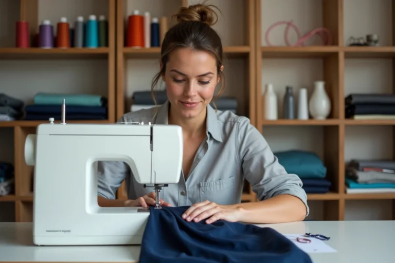 Femme cousant un maillot de bain menstruel en tissu imperméable marine sur une machine à coudre dans un atelier de couture maison