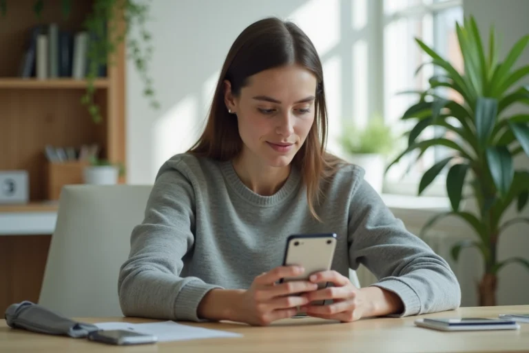 Jeune femme configurant un compte Google Play Store sur son smartphone Android à son bureau à domicile