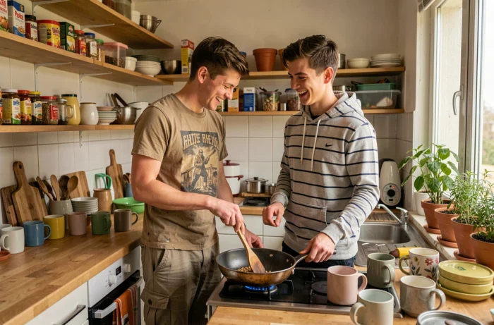 Deux jeunes hommes cuisinant ensemble dans une cuisine partagée d'auberge de jeunesse avec étagères ouvertes et herbes aromatiques