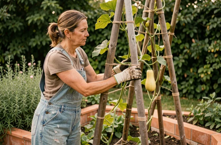 Femme jardinière guidant les tiges d'un butternut sur un treillis vertical en bois dans un potager surélevé