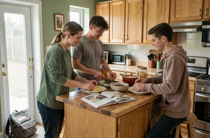 Une famille de trois personnes prépare ensemble un repas décontracté dans la cuisine le week-end, illustrant une déconnexion collective du stress professionnel et scolaire