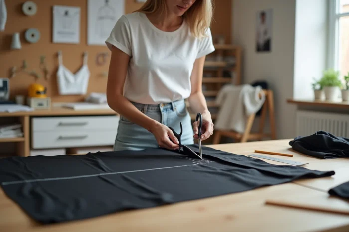 Femme découpant un patron de maillot de bain menstruel en tissu élastique noir sur une table de couture avec des outils de coupe