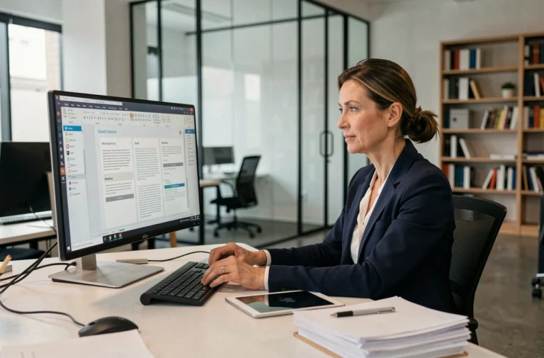 Femme professionnelle consultant des documents numérisés sur écran dans un bureau moderne, illustrant la dématérialisation des documents en entreprise