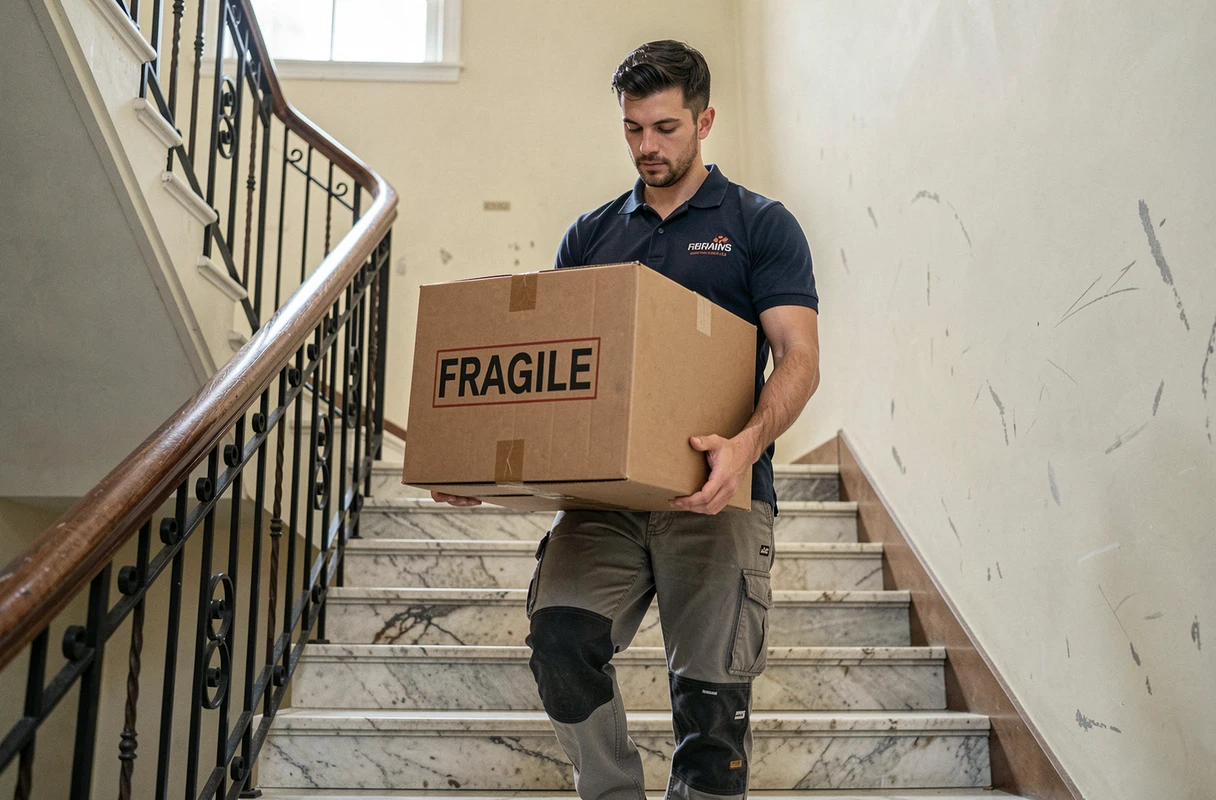 Déménageur professionnel portant un carton fragile dans l'escalier d'un immeuble résidentiel