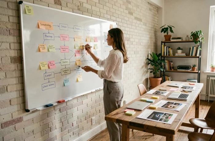 Designer UX dessinant manuellement un sitemap de site web sur un tableau blanc dans un studio créatif