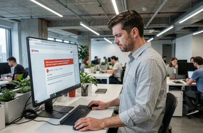 Homme en open space examinant une alerte de phishing sur son écran d'ordinateur dans un environnement de travail professionnel