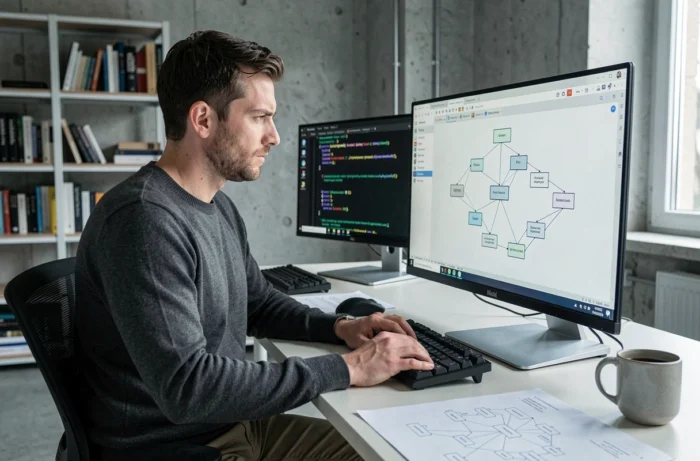 Développeur web analysant un sitemap hiérarchique sur un écran d'ordinateur dans un bureau minimaliste
