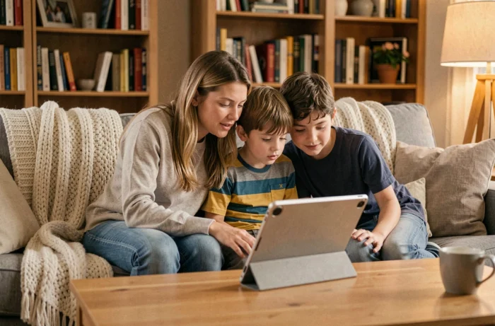 Une mère et ses deux enfants regardent ensemble une tablette posée sur une table basse, partageant un contenu numérique comme outil de lien familial