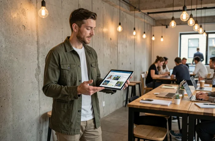 Jeune entrepreneur présentant une interface de marketplace digitale sur tablette dans un espace de co-working créatif
