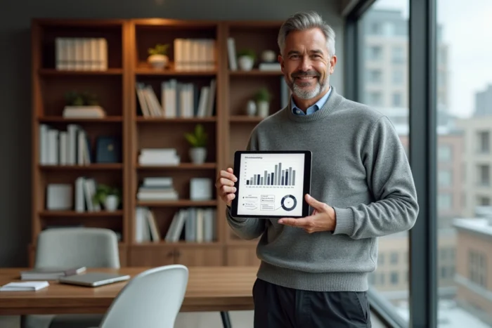 Entrepreneur masculin consultant des tendances du marketing digital et du commerce en ligne sur une tablette dans un bureau à domicile élégant