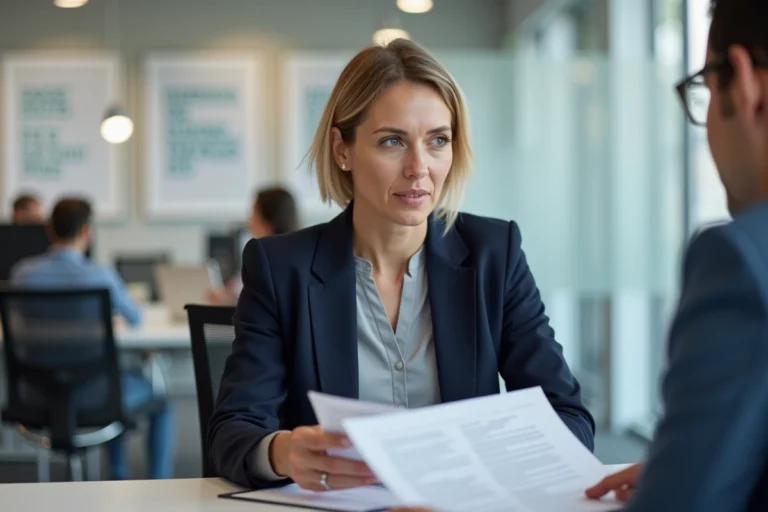 Femme en entretien de conseil à Pôle Emploi avec un conseiller dans un bureau professionnel