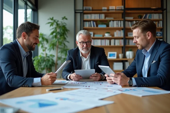 Équipe de professionnels de la finance discutant de sources d'analyse économique autour d'une table de réunion