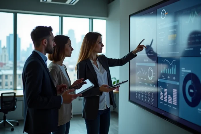 Équipe de professionnels analysant des données et informations d'actualité en agence