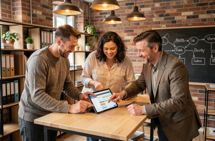 Équipe pluridisciplinaire collaborant sur une solution digitale de gestion de projet dans un espace de coworking belge