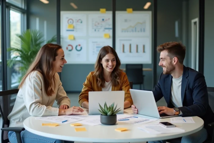 Équipe de jeunes professionnels collaborant sur des stratégies de tendances business web lors d'une réunion dans un bureau moderne