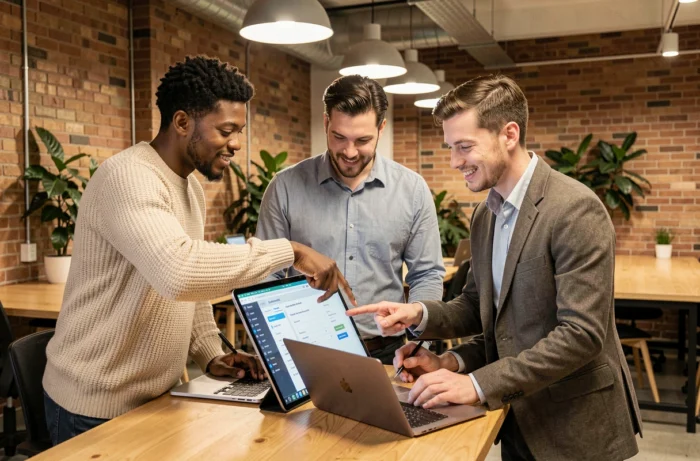 Équipe de collègues collaborant autour d'une tablette numérique dans un espace de coworking, travail en commun sur la gestion dématérialisée des documents