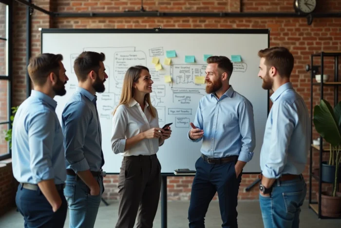 Équipe de professionnels en réunion stratégique autour d'un tableau blanc dans un espace de co-working, représentant la collaboration en entreprise en 2024