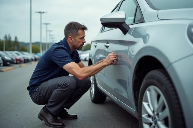 Expert automobile inspectant la carrosserie d'une voiture d'occasion dans un parc automobile