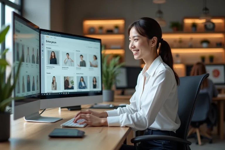 Femme professionnelle explorant les fonctionnalités d'un site web moderne sur un grand écran dans un bureau contemporain