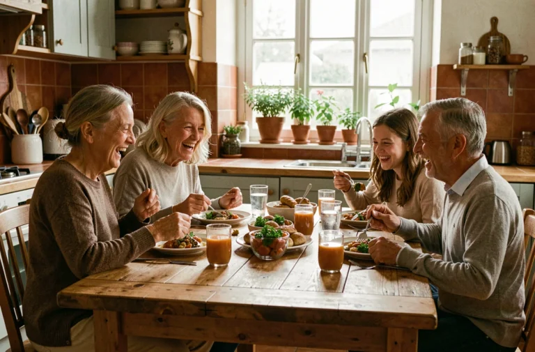 Une famille réunie autour d'une table en bois dans une cuisine chaleureuse, partageant un repas dans une ambiance conviviale et harmonieuse