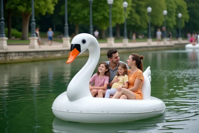 Famille en pédalo cygne sur le lac d'un grand parc parisien lors d'une journée estivale