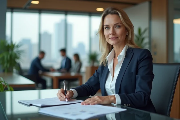 Femme d'affaires confiante en blazer marine travaillant dans un bureau moderne avec vue sur la ville, illustrant les tendances professionnelles en 2024