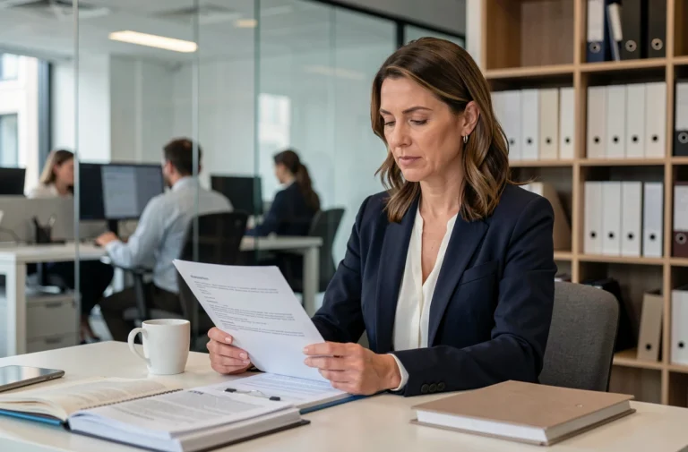 Femme cadre en entreprise analysant une circulaire administrative et une note de service sur son bureau