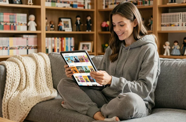 Jeune femme explorant un catalogue de séries animées sur une tablette dans un salon cosy avec des étagères remplies de mangas