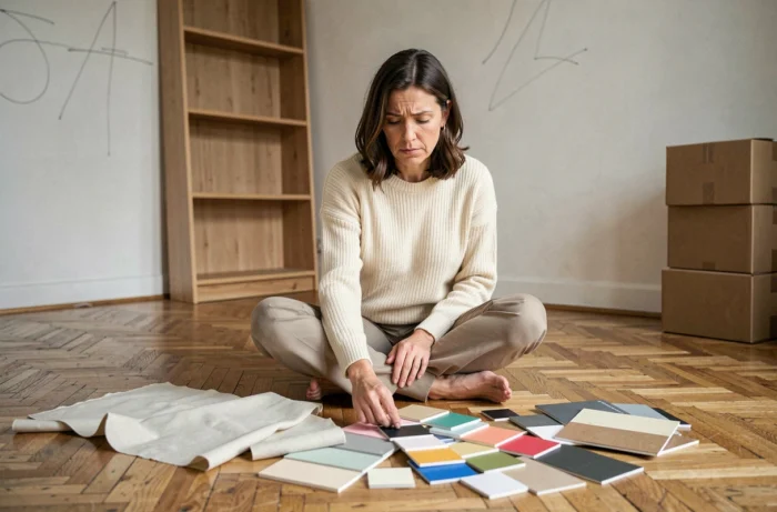Vrouw zittend op een houten vloer die kleur- en stofmonsters kiest om haar woonkamer opnieuw te decoreren