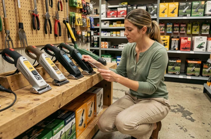 Woman comparing several models of electric trimmers in a gardening store