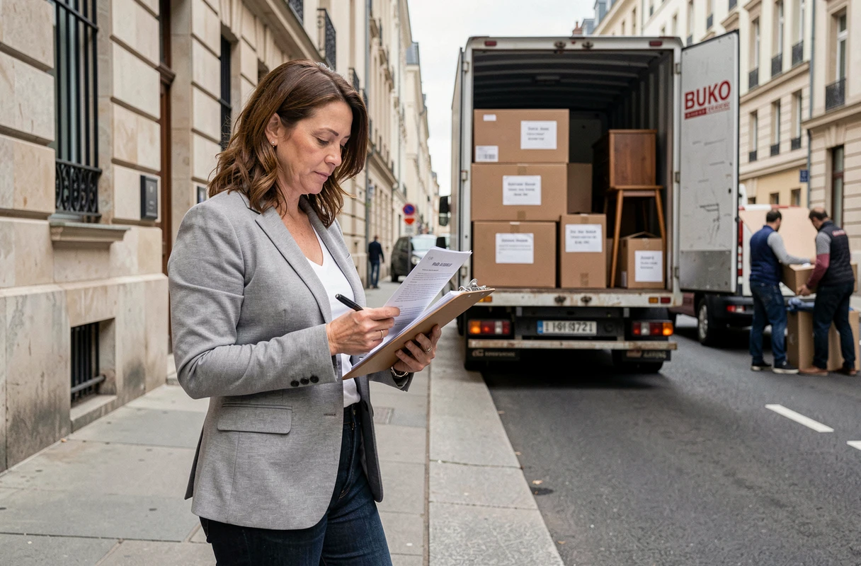 Femme comparant des devis de déménageurs devant un camion de déménagement garé en ville