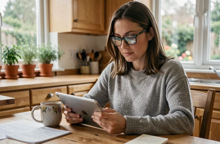 Femme consultant un forum spécialisé FIV sur tablette dans sa cuisine, prenant des notes sur son parcours de procréation médicalement assistée
