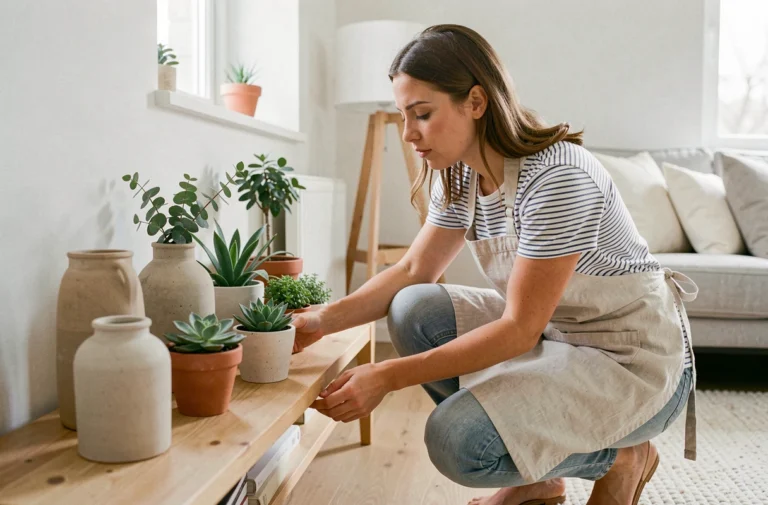 Femme décorant une étagère en bois avec des vases en céramique et des plantes dans un salon scandinave lumineux