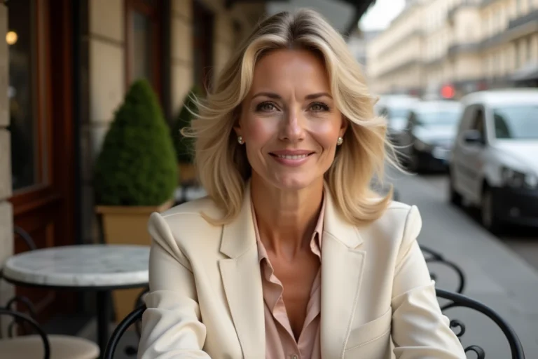 Femme élégante française dans la soixantaine souriante en terrasse de café parisien, portrait éditorial naturel