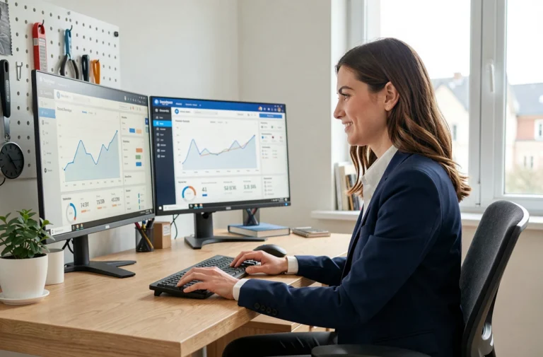 Femme entrepreneur analysant des tableaux de bord e-commerce sur deux écrans dans un bureau home office moderne aux tons scandinaves