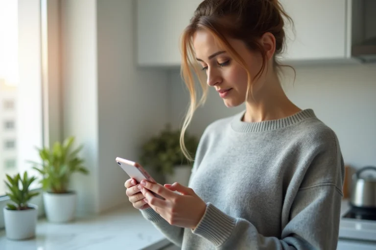 Femme tenant un iPhone avec une application thermomètre ouverte dans une cuisine moderne, expression sceptique