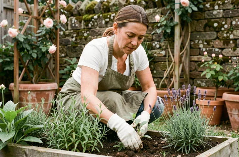 Femme jardinière qui plante des herbes aromatiques dans un jardin verdoyant avec des pots en terre cuite et une treille rustique