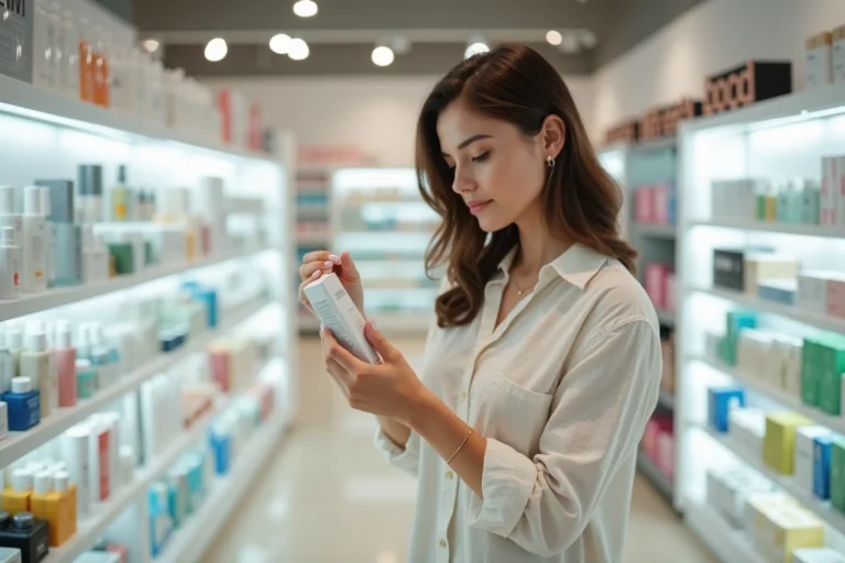 Femme lisant l'étiquette d'un produit cosmétique en magasin Nocibé pour vérifier l'absence de tests sur les animaux