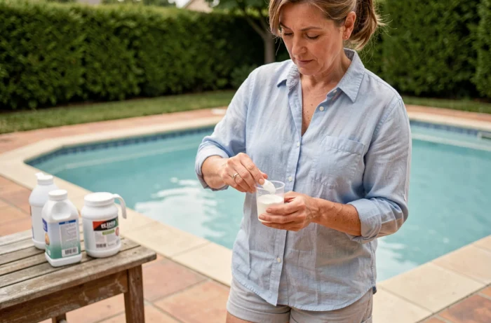 Femme mesurant du percarbonate de soude pour traiter l'eau d'une piscine extérieure