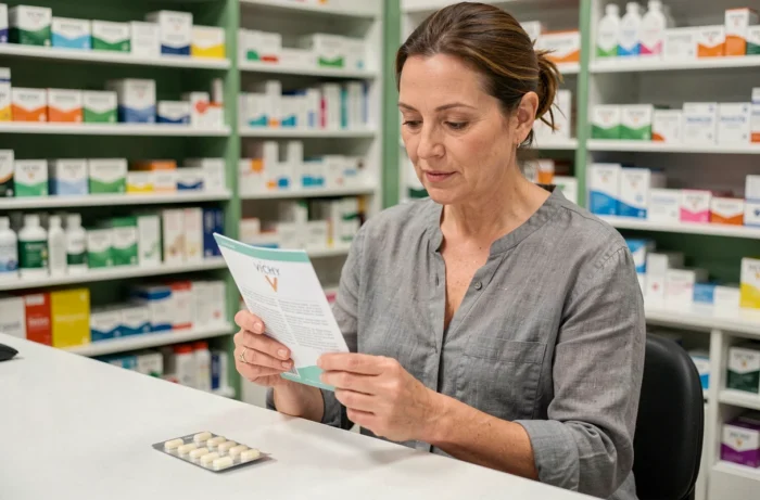 Femme lisant une notice de pastilles de Vichy au comptoir d'une pharmacie