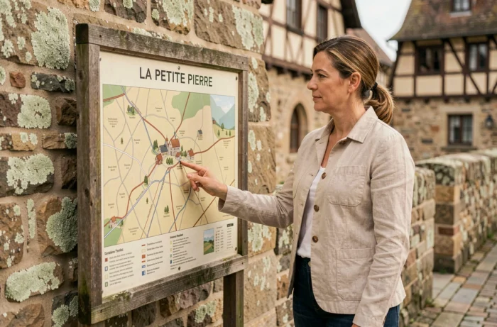 Femme consultant le plan du village de La Petite Pierre sur un panneau d'information en bois près des remparts alsaciens