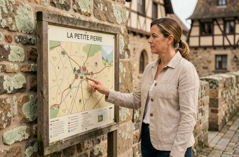 Femme consultant le plan du village de La Petite Pierre sur un panneau d'information en bois près des remparts alsaciens