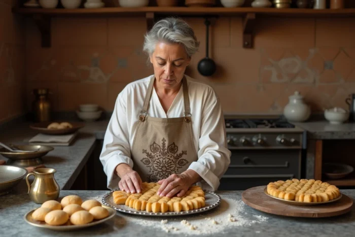 Femme préparant la khaliya al nahl dans une cuisine traditionnelle avec plateau en laiton
