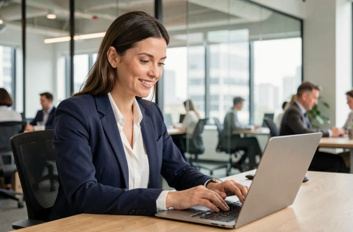 Femme professionnelle consultant des offres d'emploi en ligne sur un ordinateur portable dans un bureau moderne