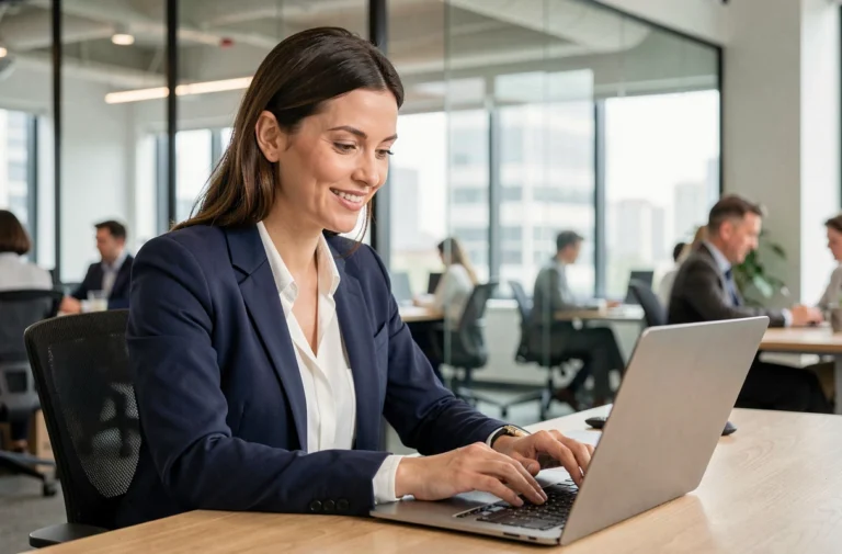 Femme professionnelle consultant des offres d'emploi en ligne sur un ordinateur portable dans un bureau moderne