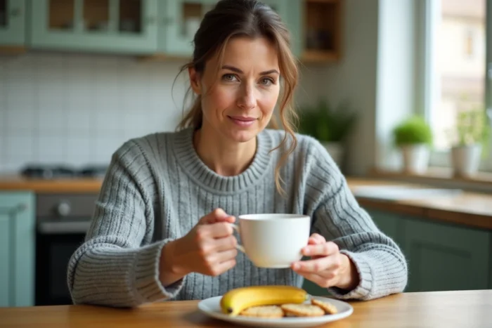 Femme suivant un régime alimentaire avant une coloscopie avec tisane et crackers simples