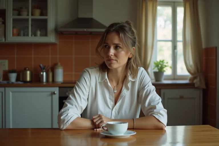 Femme seule dans une cuisine tenant une tasse de café avec une alliance posée sur la table, symbolisant la solitude dans un mariage en crise