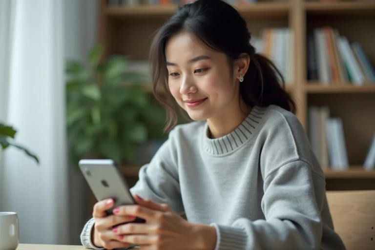 Femme utilisant un smartphone Huawei pour accéder à son identifiant Huawei ID depuis son bureau à domicile